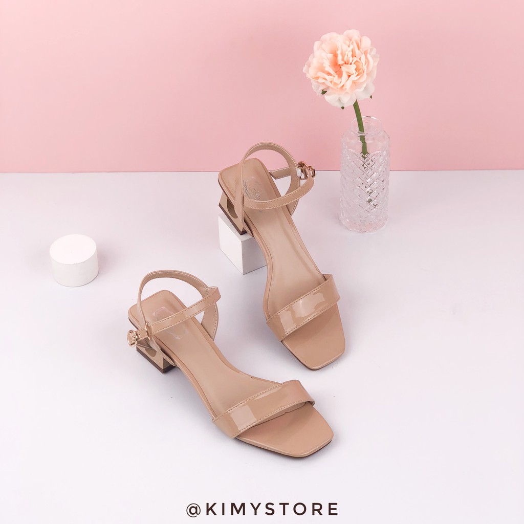 Sandal nữ VNXK da bóng cao gót, dép xăng đan nữ quai ngang gót cao 3cm - Kimy Store