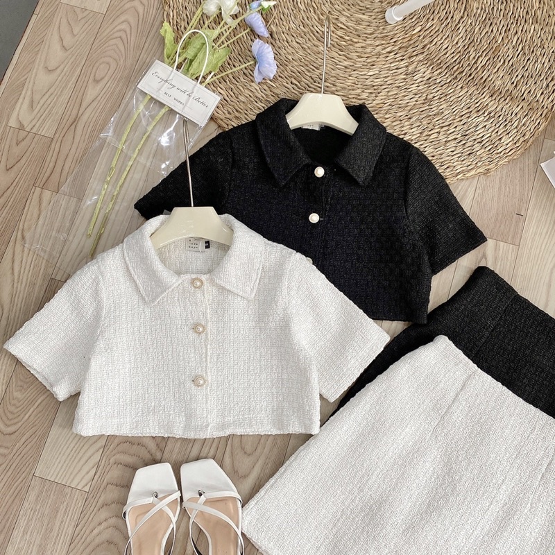 Set Dạ Croptop Hàng 2 Lớp Dày Dặn Phong Cách Hàn Quốc Có Ảnh Thật