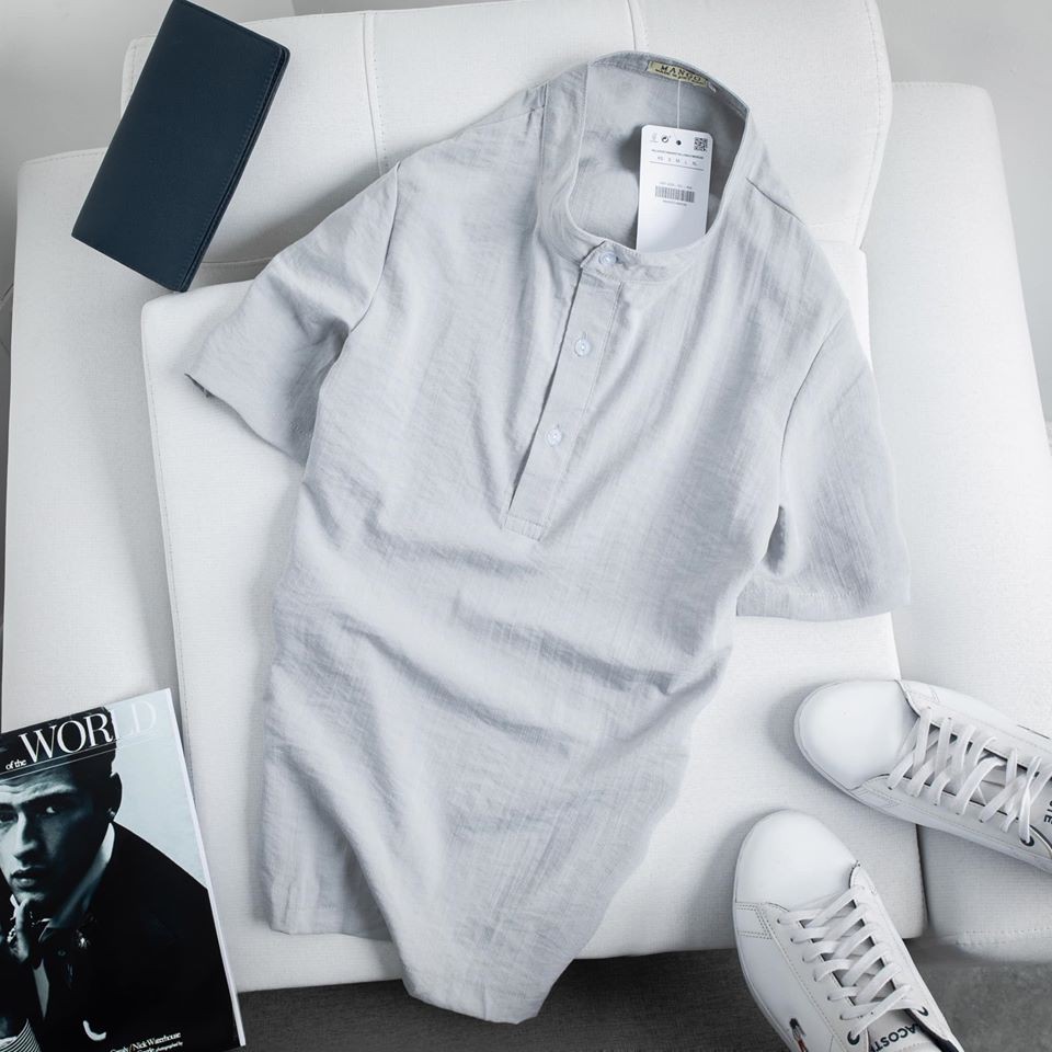 Áo đũi nam sơ mi cổ tàu ngắn tay Mango cao cấp vải đũi line mát lịm | BigBuy360 - bigbuy360.vn
