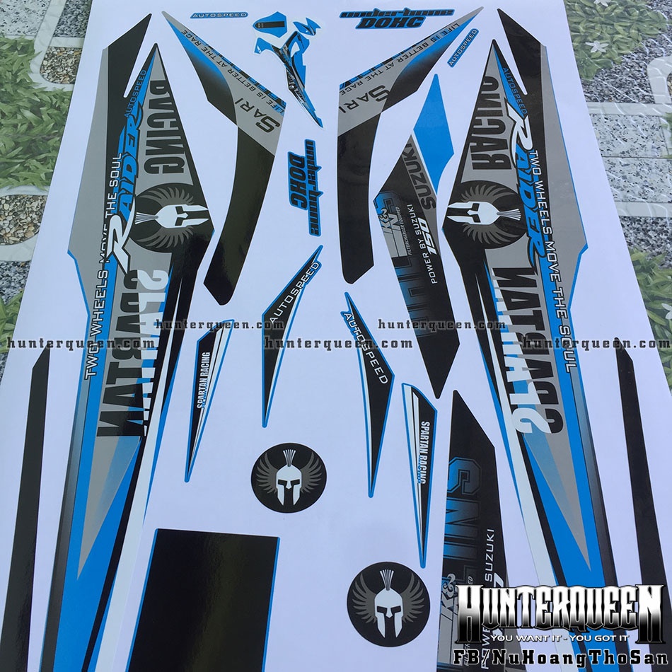 Tem rời dán xe Raider Xăng Cơ màu xanh ngọc. Decal cao cấp không bay màu. Chủ đề Spartan