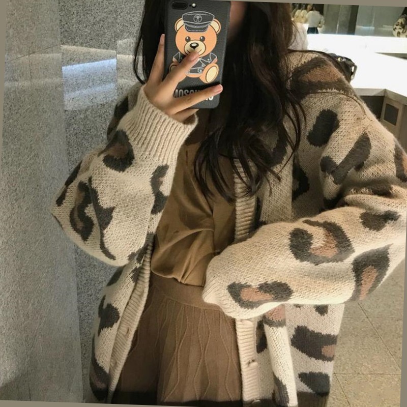Áo khoác len cardigan nữ Hàn Quốc da báo beo hồng trắng nữ tính form rộng cổ chữ V phong cách cá tính thời trang S-2
