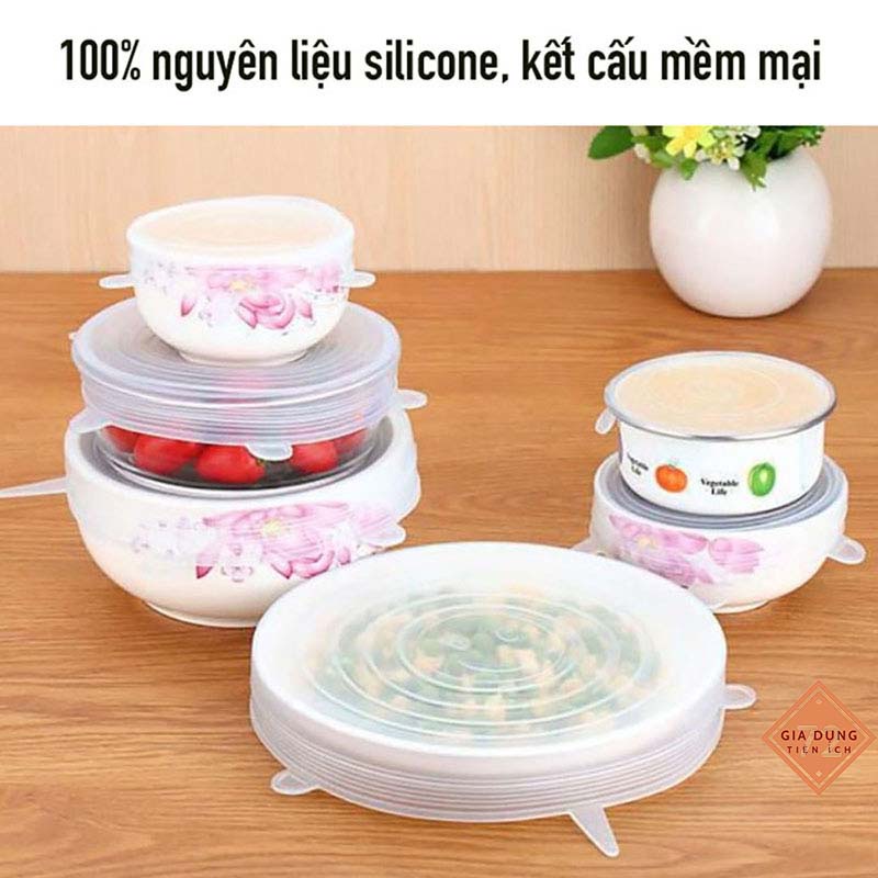 Bộ 6 Màng bọc silicon co giãn - nắp đậy silicon siêu dai, bọc tô chén bát và bảo quản thực phẩm đơn giản