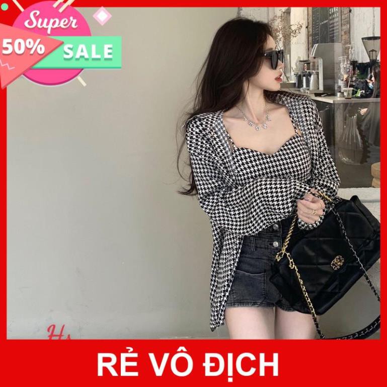 Bộ Áo Sơ Mi Áo 2 Dây Kẻ Ô Vuông ,Áo Khoác Nữ Kèm Áo Ngắn X078