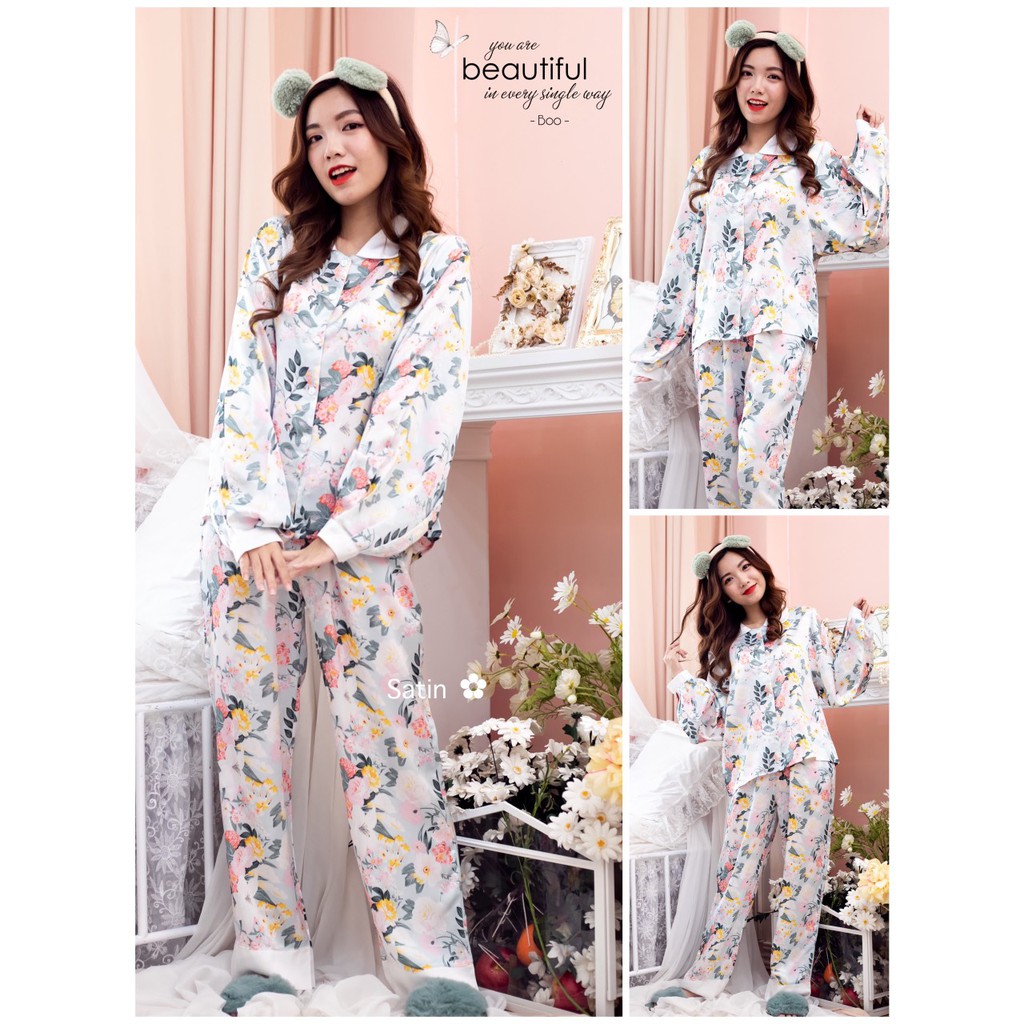 Đồ Bộ Pijama Lụa Satin Cổ Sen Tay Phồng Cổ Điển