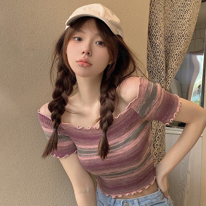 Áo Croptop Dệt Kim Trễ Vai Tay Ngắn Họa Tiết Kẻ Sọc Nhiều Màu Sắc Thời Trang Mùa Hè Phong Cách Hàn Quốc Cho Nữ