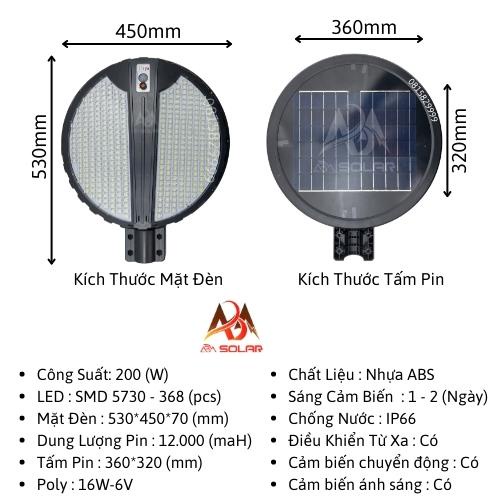[200W]Đèn Năng Lượng Mặt Trời Liền Thể Tròn Tích Điện Tấm Pin, Chống Nước IP66,Cảm Biến Chuyển Động ,LED Siêu Sáng - ABM