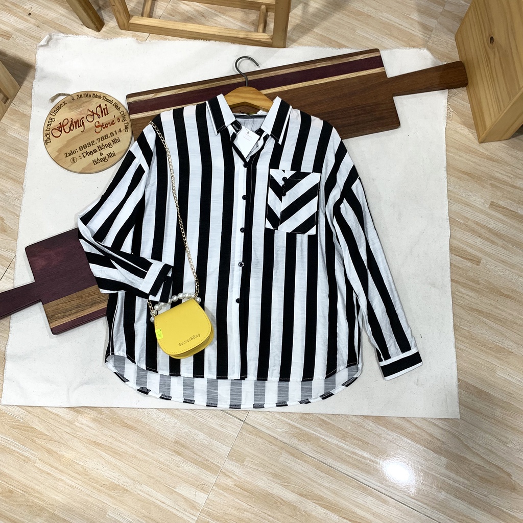 Sơ Mi Sọc Tay Dài Dáng Rộng Có Túi Ulzzang Cao Cấp, Sơ Mi Công Sở Form Dài 55kg Trở Lại