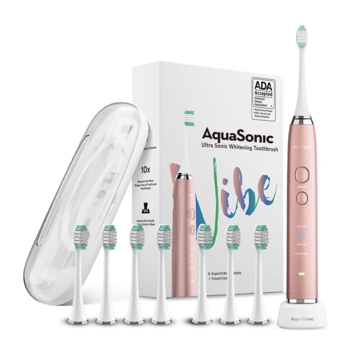 Bàn chải điện AquaSonic Vibe Series - siêu trắng răng- chứng nhận ADA - sạc không dây- kèm 8 đầu chải USA