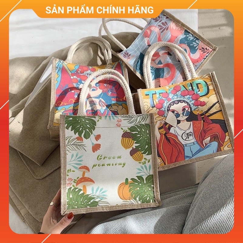 Túi cói du lịch hiện đại trẻ trung phù hợp chụp hình, đi chơi ( giao ngẫu nhiên Trendy, cô gái che mặt, lá cỏ, mèo, cam)