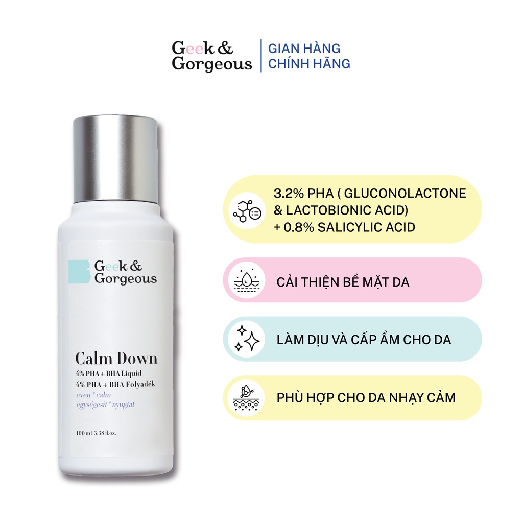 Dung Dịch Tẩy Da Chết, Làm Dịu Geek&Gorgeous Calm Down PHA+BHA 100ML