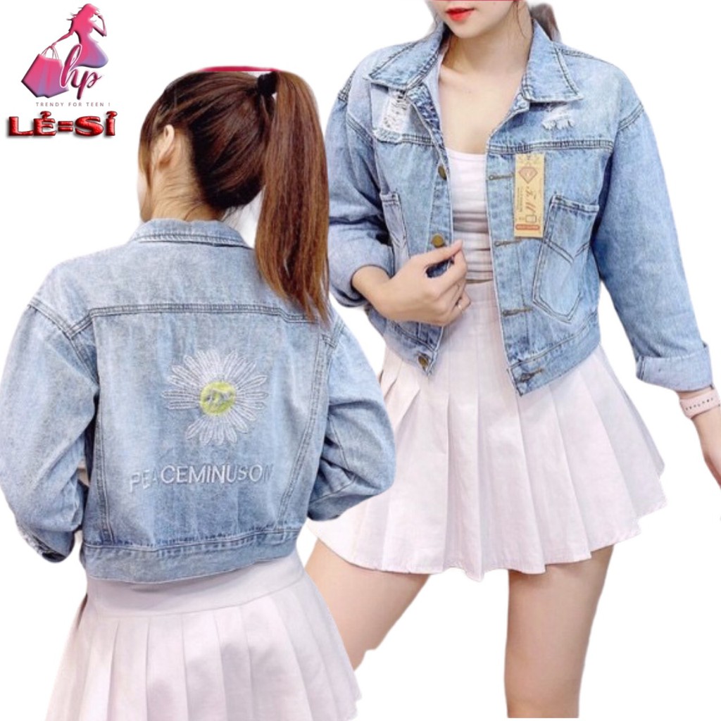 Áo khoác jeans áo khoác jean nữ lửng cao cấp dáng ngắn thêu hoa cúc tay dài  kiểu mới đẹp 2021