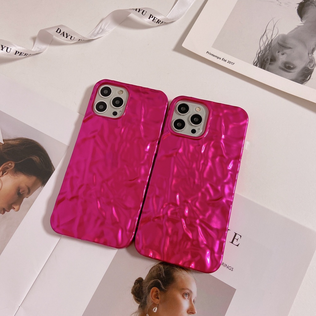 Ốp Điện Thoại Lá Thiếc Chống Sốc Màu Đỏ Hồng Thời Trang Cho iPhone 14 / 13 / 12 / 11 / X / 8 / 7P