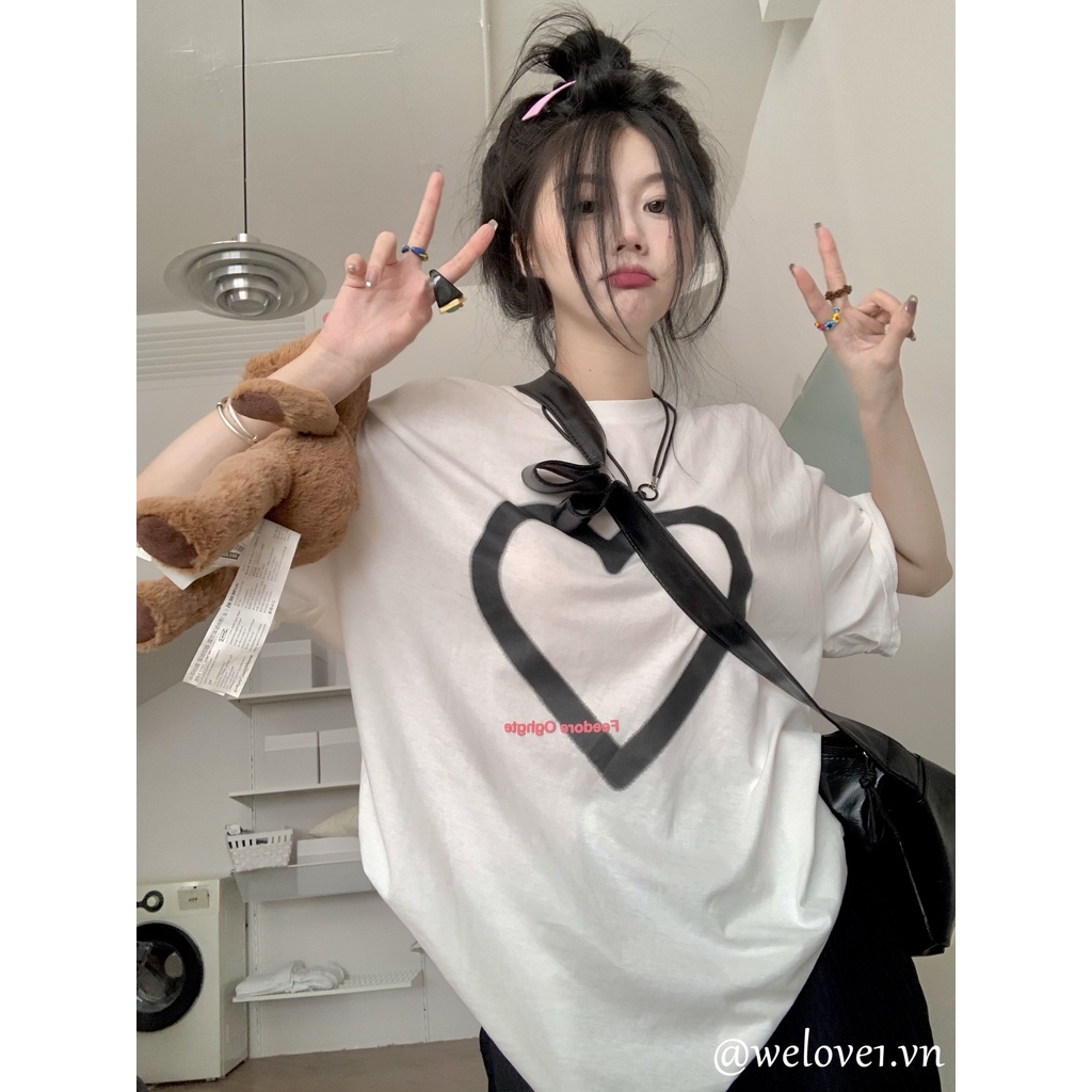 Áo Thun cotton Tay Ngắn Cổ Tròn In Họa Tiết Trái Tim Thời Trang Phong Cách Hàn Quốc Cho Nữ