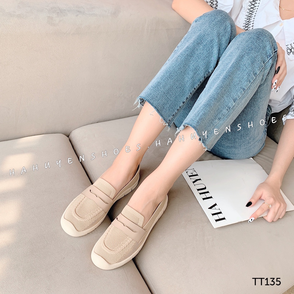 Giày slip on nữ Hà Huyền Shoes vải len lỗ phối đai da ngang dáng thể thao năng động - TT135