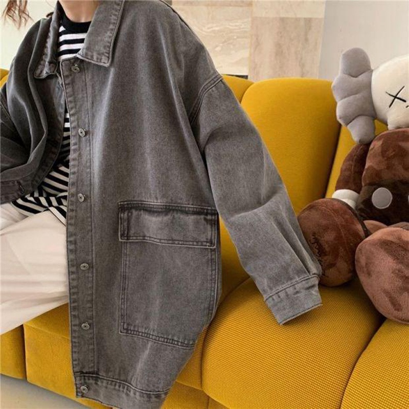 Áo khoác IELGY làm từ denim dáng rộng tay dài thời trang Hàn Quốc retro cho nữ