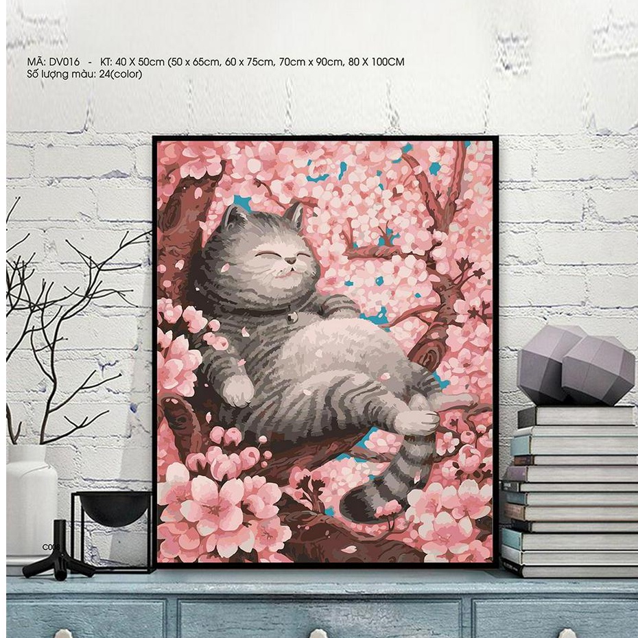 Tranh Sơn Dầu Số Hóa Mèo Béo Hoa Đào Sondausohoavn Tranh Số Hóa Mã Tranh DV016