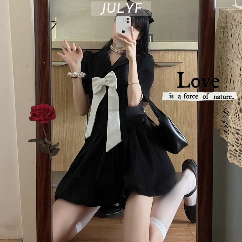 Váy nữ thiết kế cổ vest nơ ngực JULYF - Đầm tay bồng dáng xòe bánh bèo tiểu thư, babydoll hotgirl hàn quốc đẹp ulzzang