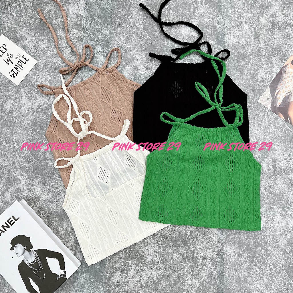 Áo Croptop Len Body Cổ Yếm PINKSTORE29, Dáng Ôm Họa Tiết Thổ Cẩm A5437