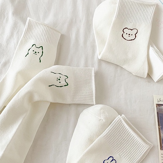 Vớ tất kem trơn xoăn in hình cún cute cổ cao