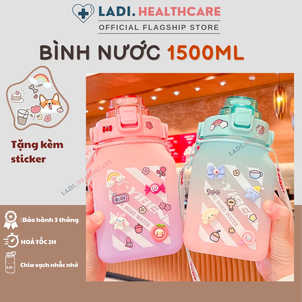 Bình nước 1500ml  có vạch chia mực nước phong cách thể thao siêu dễ thương