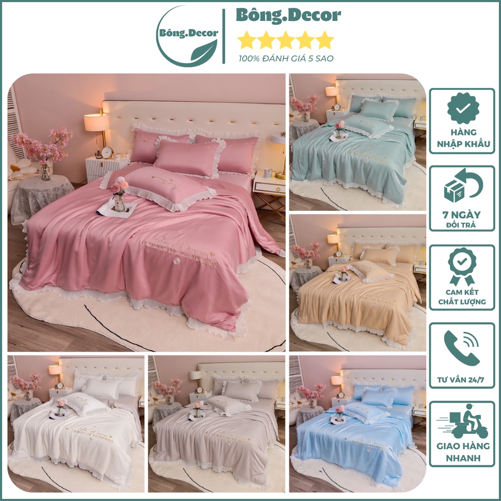 Bộ chăn ga gối lụa riềm bèo cao cấp xinh xắn dễ thương, trọn bộ 4 món chăn ga lụa nhập khẩu cao cấp miễn phí bo chun