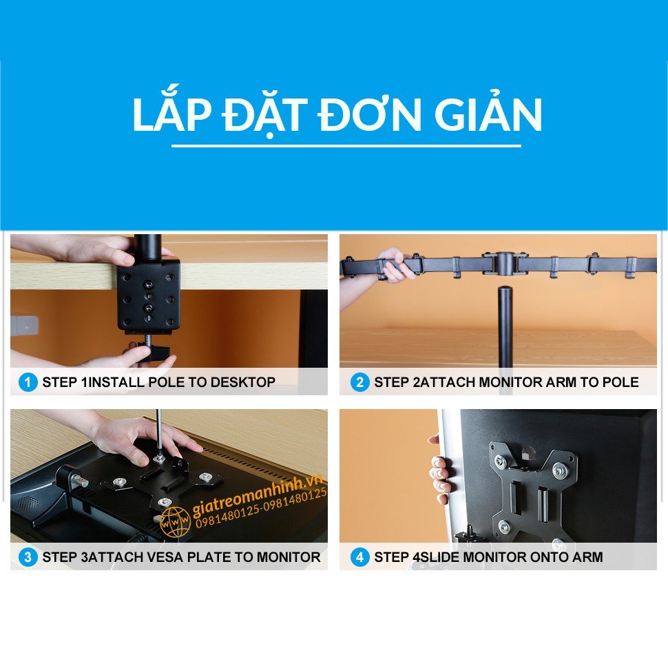 Giá Treo 2 Màn Hình M052 Cao Cấp 17-27 Inch / Tải Trọng 8Kg - Lắp Đặt Kẹp Bàn