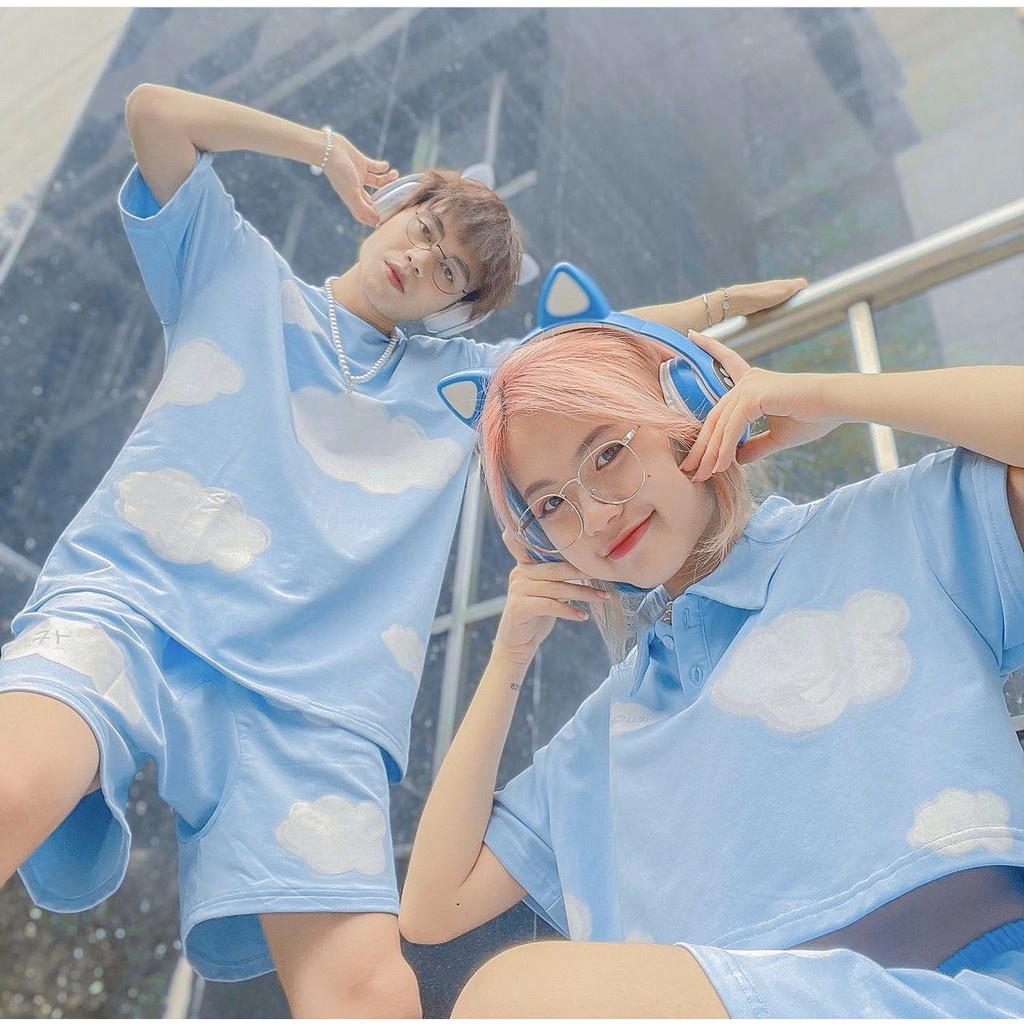 ■❦Set bộ đôi LylyshopUnisex, áo thun nam với quần đùi nam, croptop chân váy nữ có trong hình Sky màu xanh