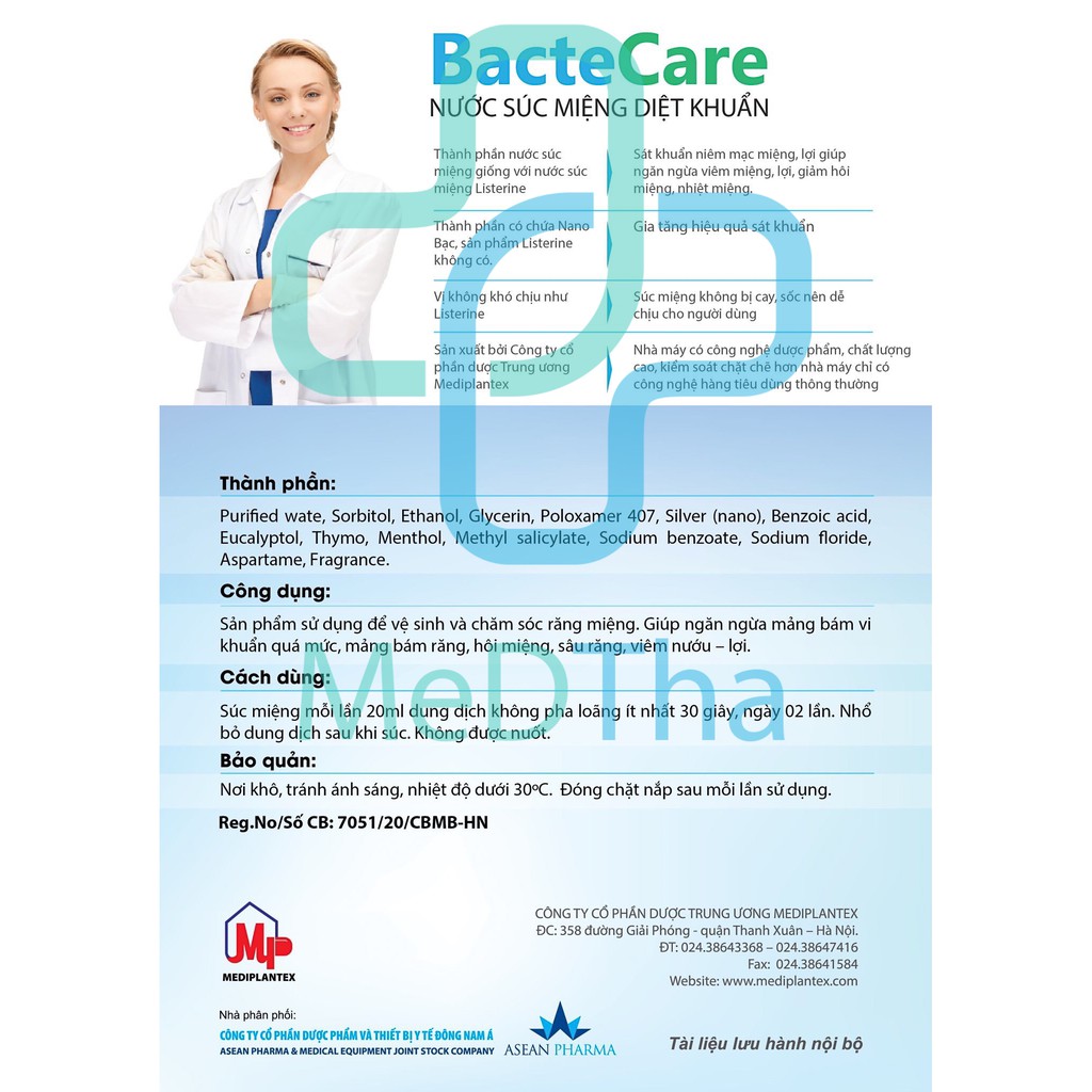 Nước súc miệng diệt khuẩn Nano Bạc BacteCare 250ml (Mediplantex) - Hơi thở thơm mát, diệt sạch vi khuẩn