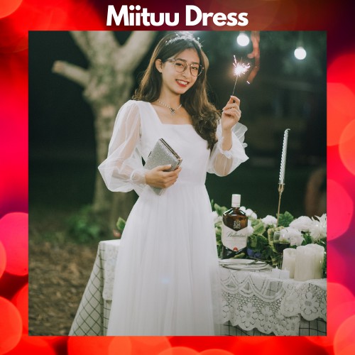 Váy trắng babydoll dài tay cổ vuông dự tiệc kỉ yếu dạ hội xòe bèo công chúa xinh dễ thương Miituu VTD1