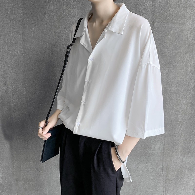 Áo Sơ Mi Lụa Tay Ngắn Dạng Vest Rộng Chống Nhăn Cho Nam Và Nữ