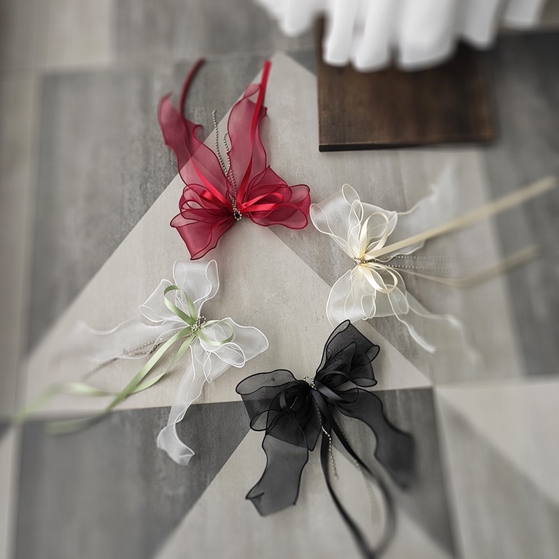 ( Có sẵn 4 màu) Kẹp tóc voan bèo nơ lụa phối dây đá dài GA-90