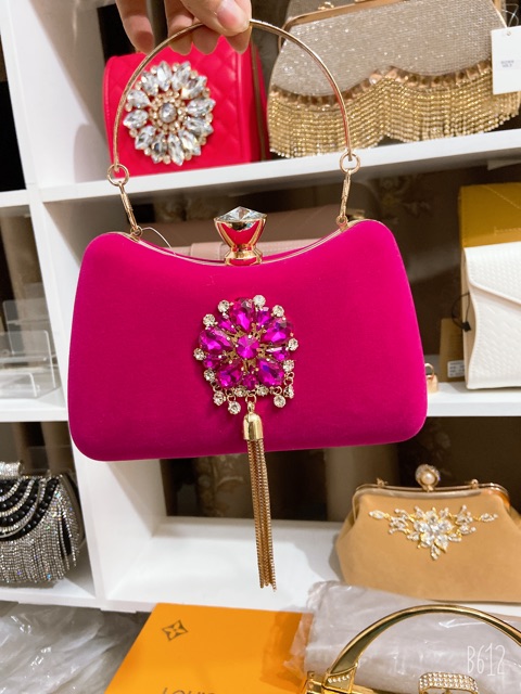 Clutch dự tiệc - ví nhung đính đá tua rua sang chảnh