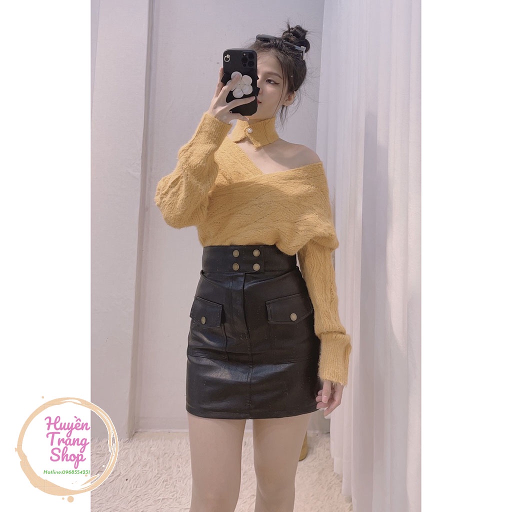 Áo len trễ vai kèm vòng cổ sang chảnh MÀU CAM