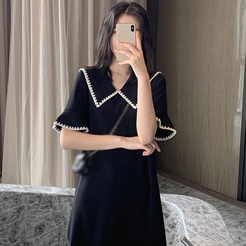 Đầm dài tay ngắn dáng rộng màu trơn phong cách Hàn Quốc dễ thương thời trang cho nữ