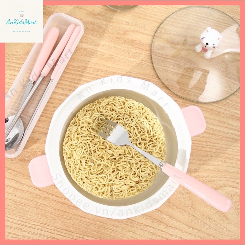 Tô sứ/ Bát sứ úp mì tôm màu hồng kèm nắp thuỷ tinh hình gấu/thỏ cute