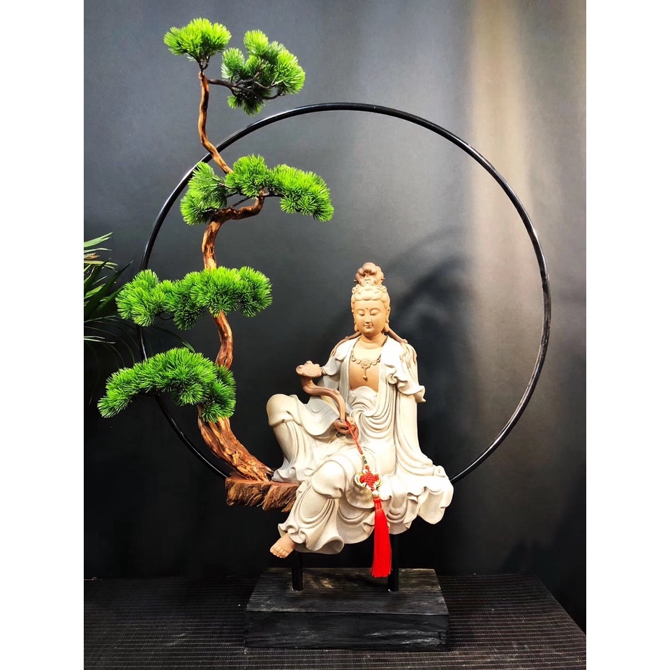 Tượng Mẹ Quan Thế Âm Cỡ lớn cầm gậy như ý  ngồi thiền tịnh tâm- tượng gốm tử sa cao cấp