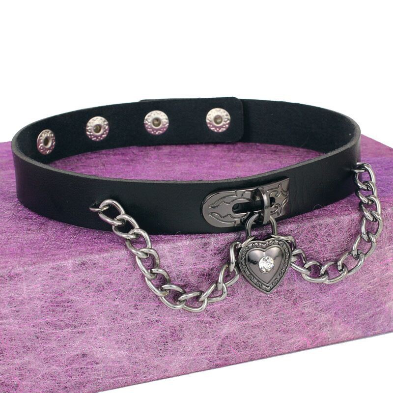 Punk Style Design Lock Chain Heart Necklace PU Leather