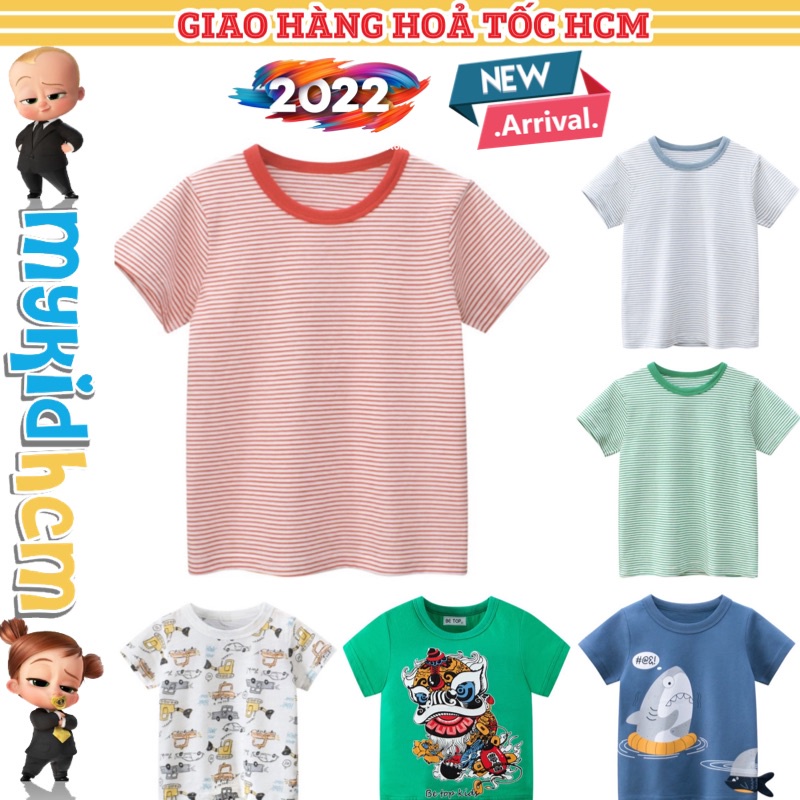 Áo thun SỌC MẪU MỚI 2022 cho bé trai và áo in hình CON LÂN XE CỘ ngộ nghĩnh chất cotton thoáng mát khô mồ hôi mùa hè