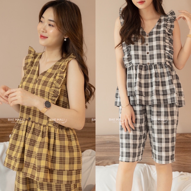 SP000214- Bộ ngủ tay bèo ba lỗ xếp tầng quần ngố