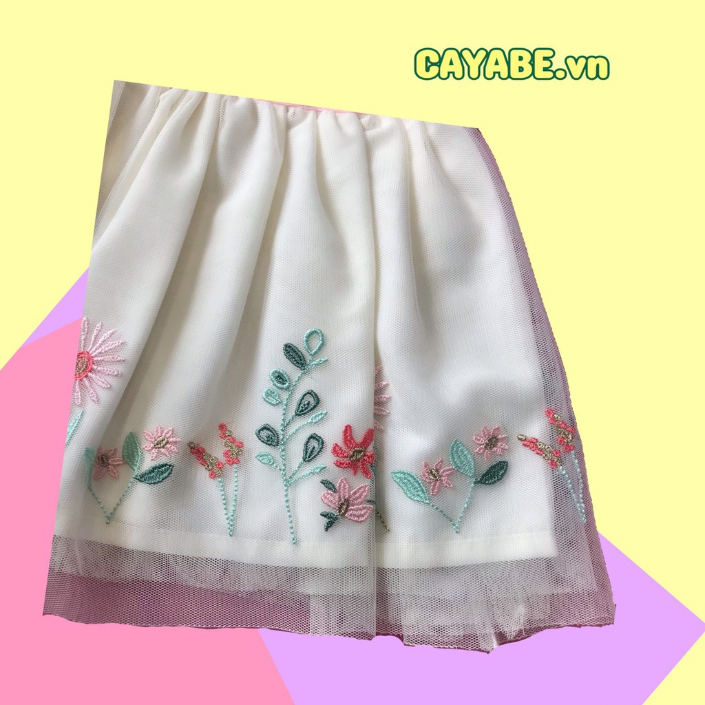 ĐẦM CÔNG CHÚA CHO BÉ GÁI CAYABE VOAN LƯỚI MÀU VÀNG NHẠT THÊU HOA NƠ HỒNG (QUẦN ÁO TRẺ EM)