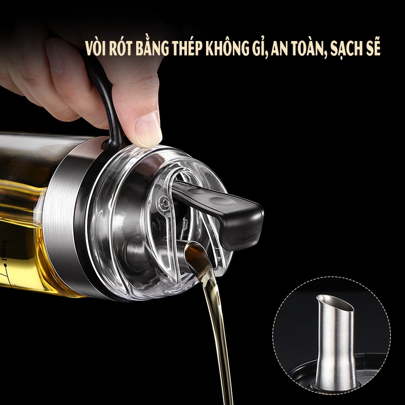 Chai Thủy Tinh Đựng Dầu Ăn Cao Cấp, Vòi Rót Tự Động Bằng Thép, Dung Tích 450ml - 550ML