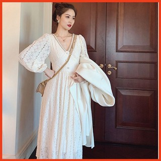 Váy Ren  Cổ V Dây Đan ⚡⚡ NỮ TÍNH⚡⚡ Phong Cách Hàn Quốc Eo Thon Dài Tay Dáng Dài Nhẹ Nhàng