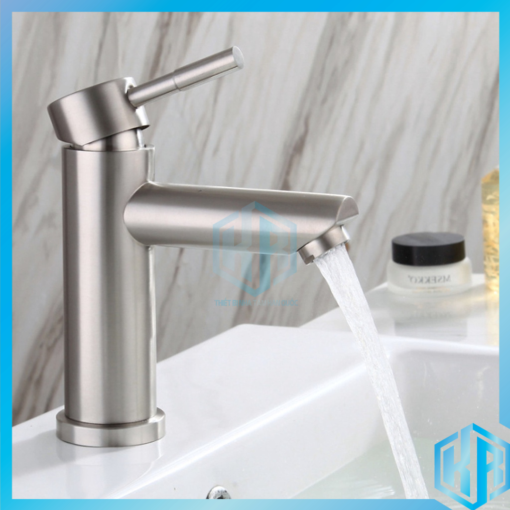Vòi lavabo nóng lạnh inox 304 hình trụ trắng mờ đặc trưng inox phay cao cấp, sáng bóng, siêu bền