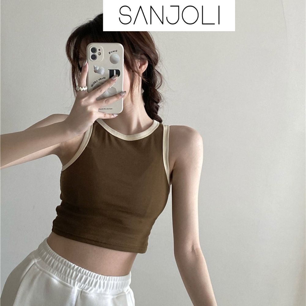 Áo croptop ba lỗ nữ Sanjoli chất thun gân sát nách không tay kiểu ôm body tank top viền trắng cổ tròn AO002