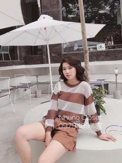 ÁO LEN KẺ ĐAN MÓC FORM THỤNG