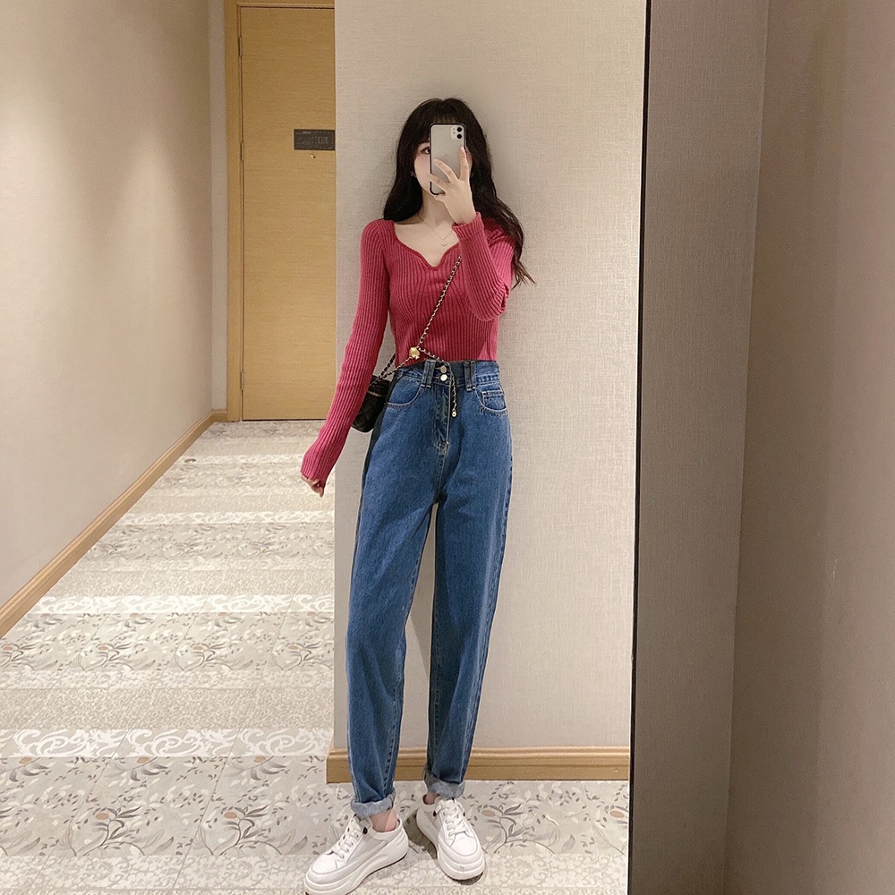 DUNEA Áo Sweater Mỏng Tay Dài Cổ Chữ V Dáng Ngắn Thời Trang Quyến Rũ Cho Nữ