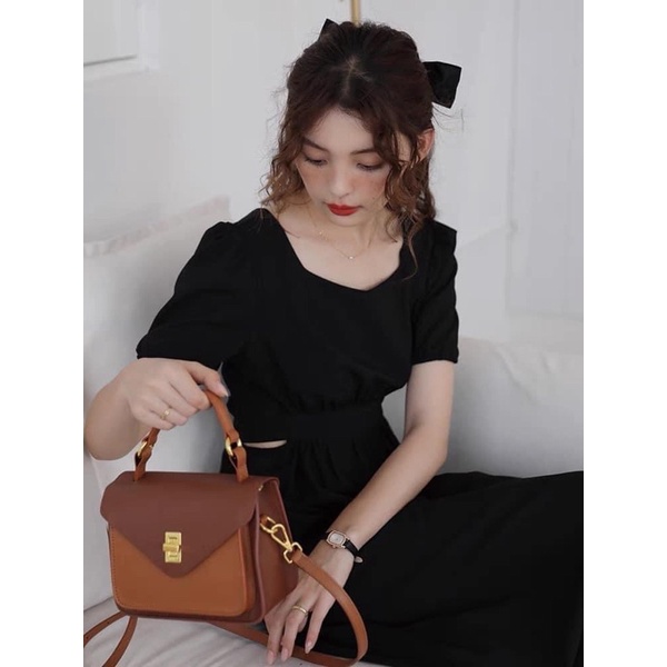 Váy midi tay ngắn, đầm tay ngắn khoét eo chất lụa trượt hai màu xinh xắn