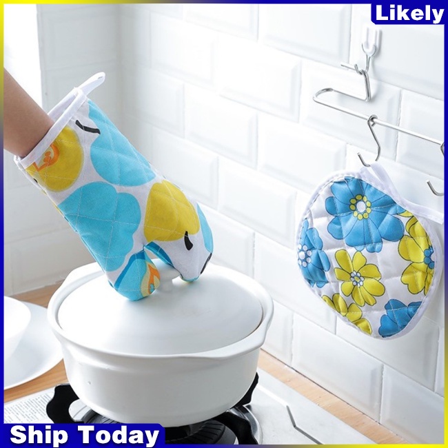 Set 2 găng tay cách nhiệt bằng polyester cotton dày dặn dùng cho lò vi sóng