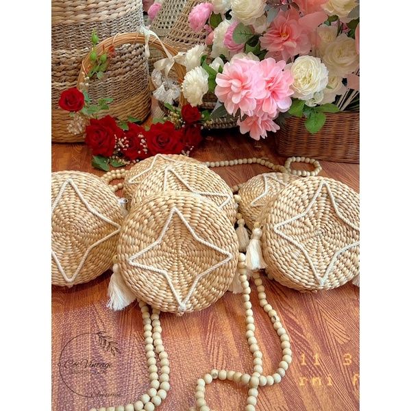 Bán sỉ Túi lục bình trống tròn đính quả chuông macrame dây gỗ đeo chéo