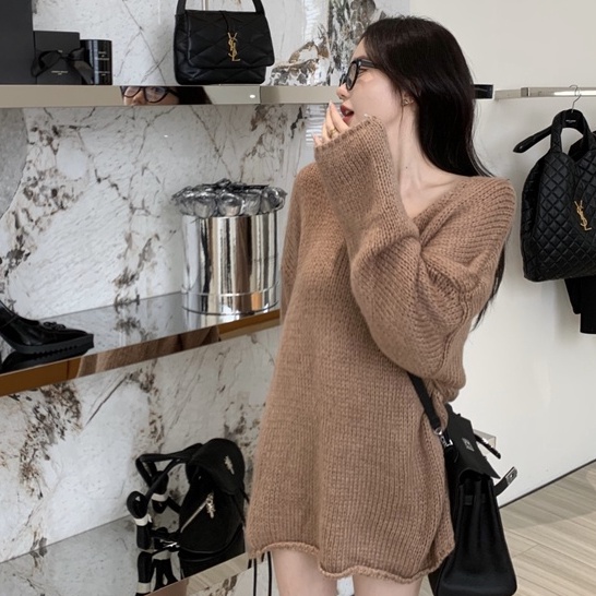 QKOOLE  Áo Dệt Kim Nữ Tay Dài Cổ Chữ V Xẻ Tà Phong Cách Hàn Quốc